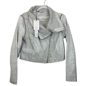 Yigal Azrouel Crop Leather Knit Jacket Removable Sleeves Light Gray RUNS SMALLER